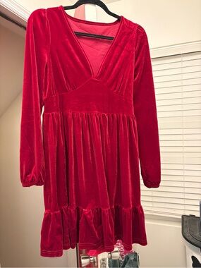 NWT HALARA Crimson Velvet V-Neck Long Sleeve Dress